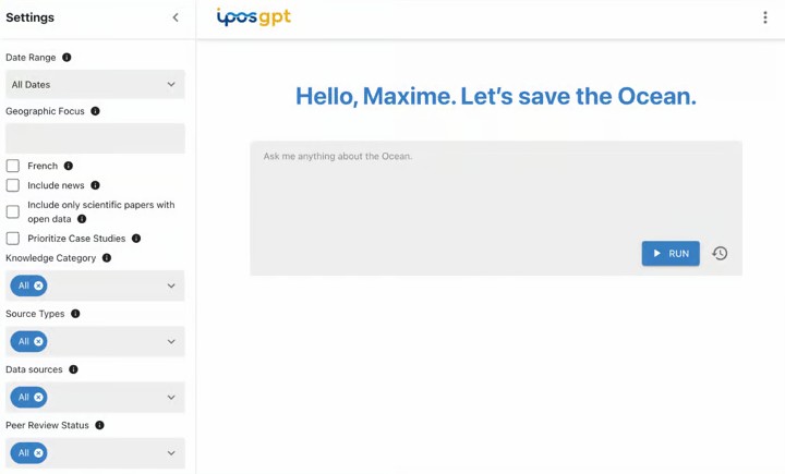 IPOSGPT product interface, showing the query screen and source-filtering settings used by policy researchers